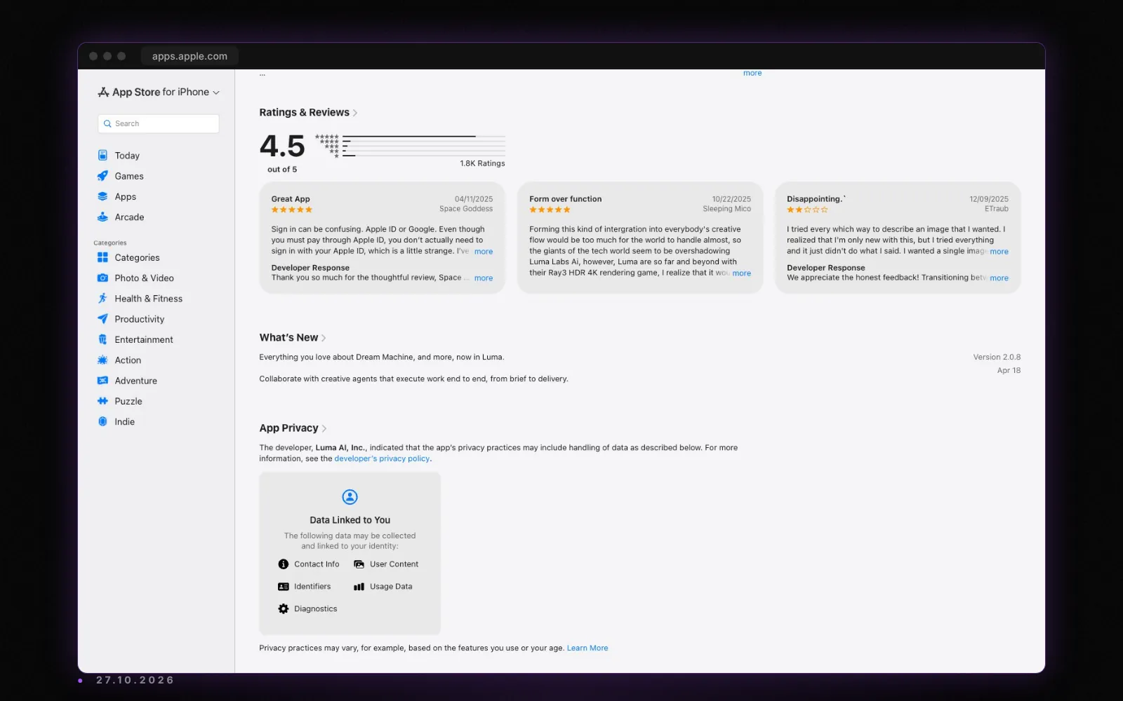Written reviews of Luma Dream Machine on the US App Store, captured on 27 October 2026