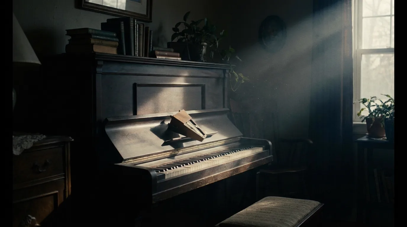 An upright family piano in a living room lit by a single hard shaft of window light, dust motes hanging in the beam, an overturned metronome resting on the lid, cinematic still