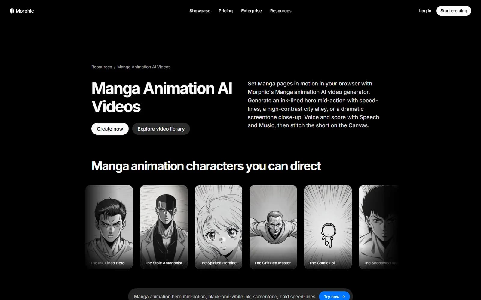 Morphic's manga animation page, generating monochrome ink and screentone clips from text with a Character Lineup for consistency