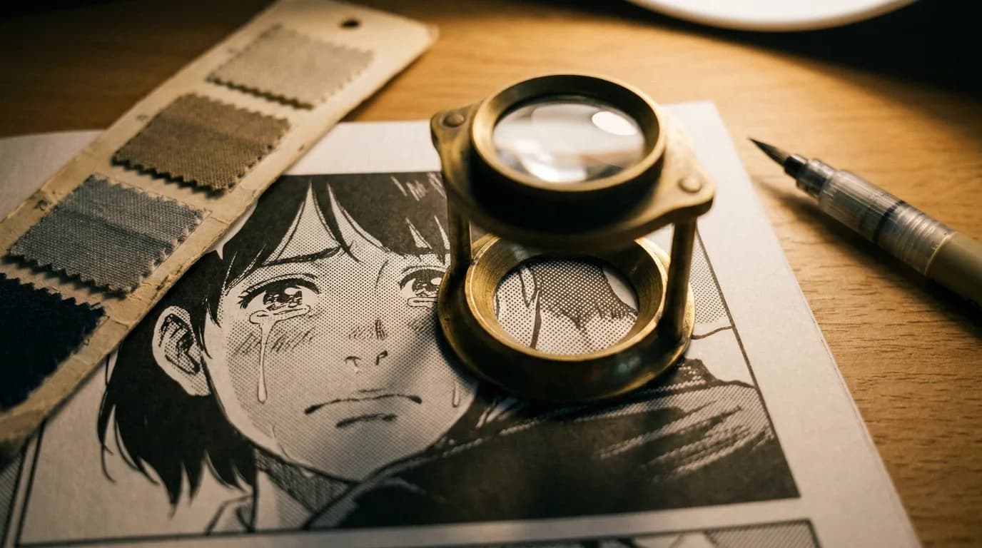 Extreme close-up of a black and white manga page under a magnifying loupe showing halftone screentone dots on a character's face, a small printed colour swatch card beside the page, a fine brush pen, cinematic still