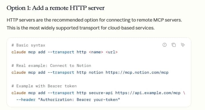 Claude Code documentation, section Option 1: Add a remote HTTP server, showing the basic syntax claude mcp add --transport http name url, a Notion example and an example with a Bearer token header