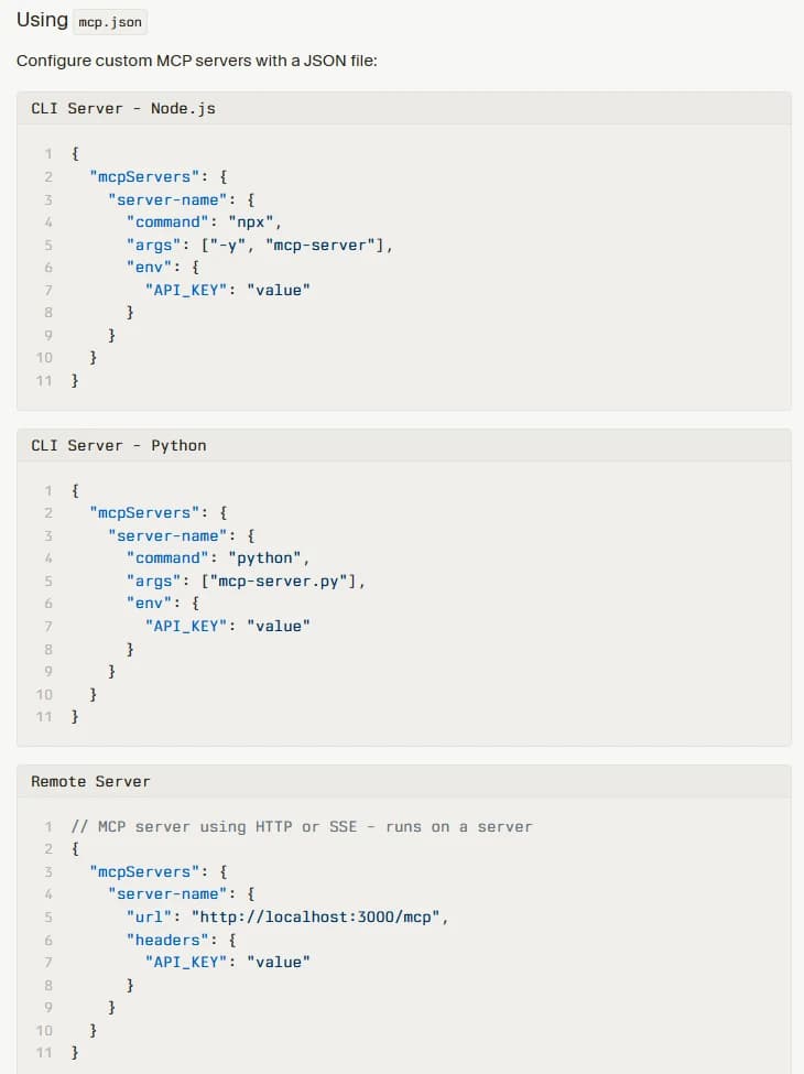Cursor documentation, section Using mcp.json, with JSON examples for a Node.js CLI server, a Python CLI server and a remote server that uses a url field and an optional headers object under mcpServers