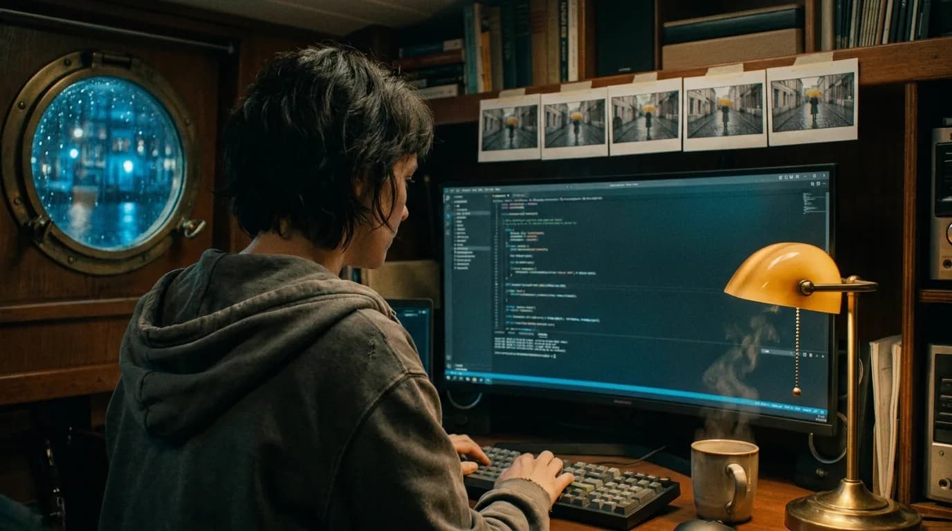 A screenwriter in a grey hoodie types at an ultrawide monitor showing a dark code editor inside a wood-panelled canal houseboat at night, five printed storyboard frames of a rainy street with a yellow umbrella taped above the screen, a brass lamp glowing amber and rain on a round porthole, cinematic still