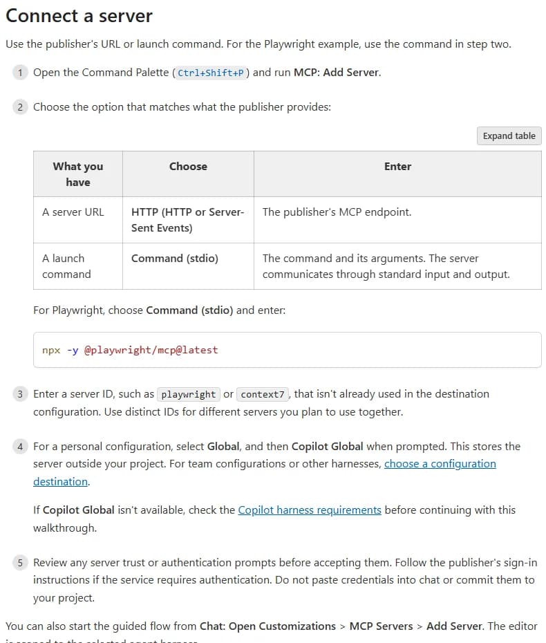 VS Code documentation, section Connect a server: open the Command Palette and run MCP: Add Server, choose HTTP for a server URL, enter a server ID, select Global then Copilot Global for a personal configuration, then review trust and authentication prompts