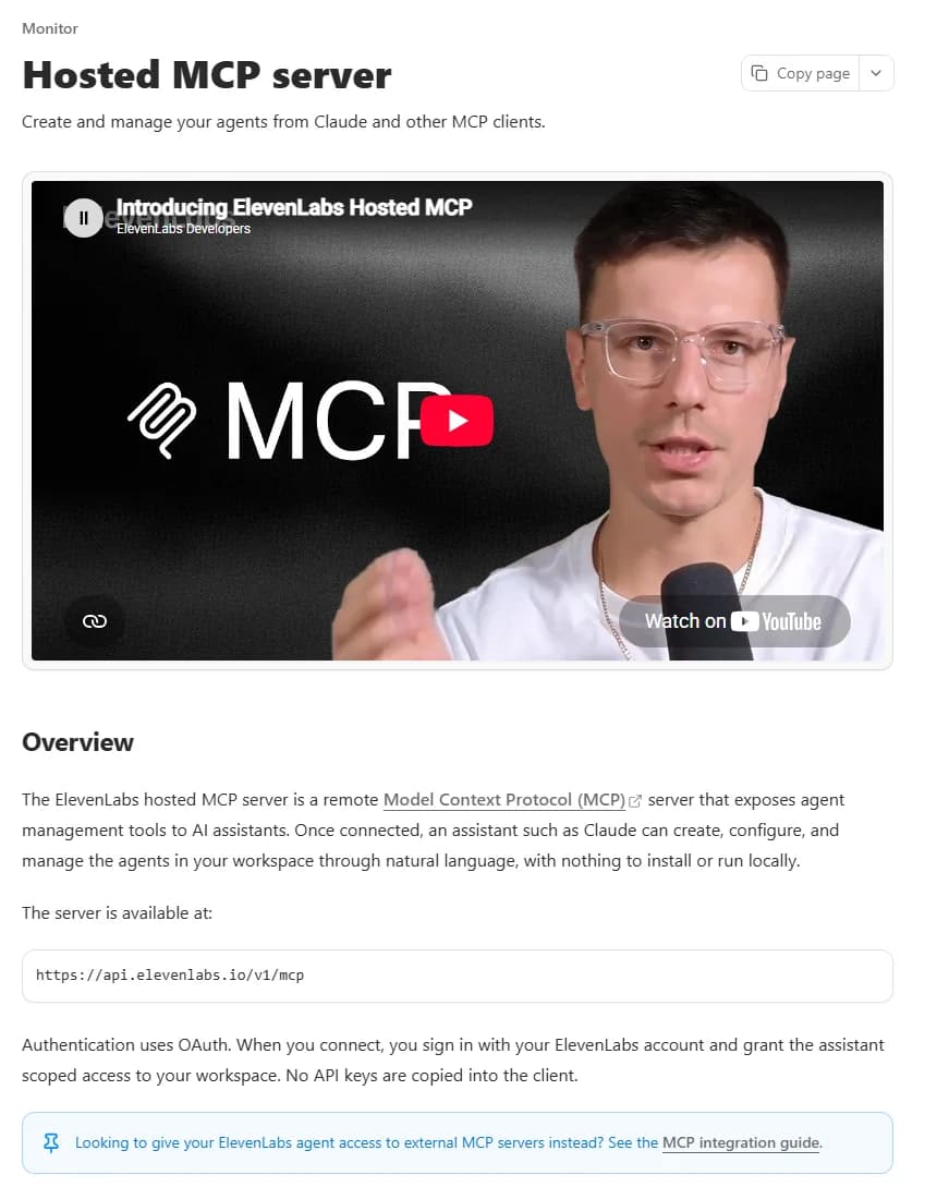 ElevenLabs documentation page Hosted MCP server, subtitle Create and manage your agents from Claude and other MCP clients, with an overview paragraph saying the server exposes agent management tools, the server address https://api.elevenlabs.io/v1/mcp and a note that authentication uses OAuth with no API keys copied into the client
