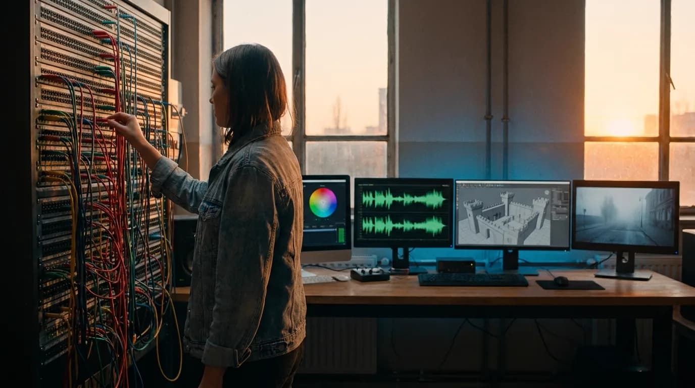 A film editor in a faded denim jacket plugs coloured cables into a tall vintage patch bay in a post-production suite at sunrise, four monitors on a wooden desk show a colour wheel, a green audio waveform, a 3D model of a castle courtyard and a foggy street, cinematic still