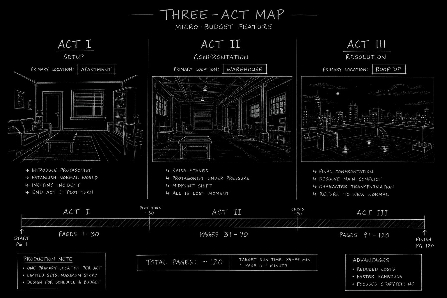 Three-location micro-budget act map with page count bands per act; dark mode technical sketch