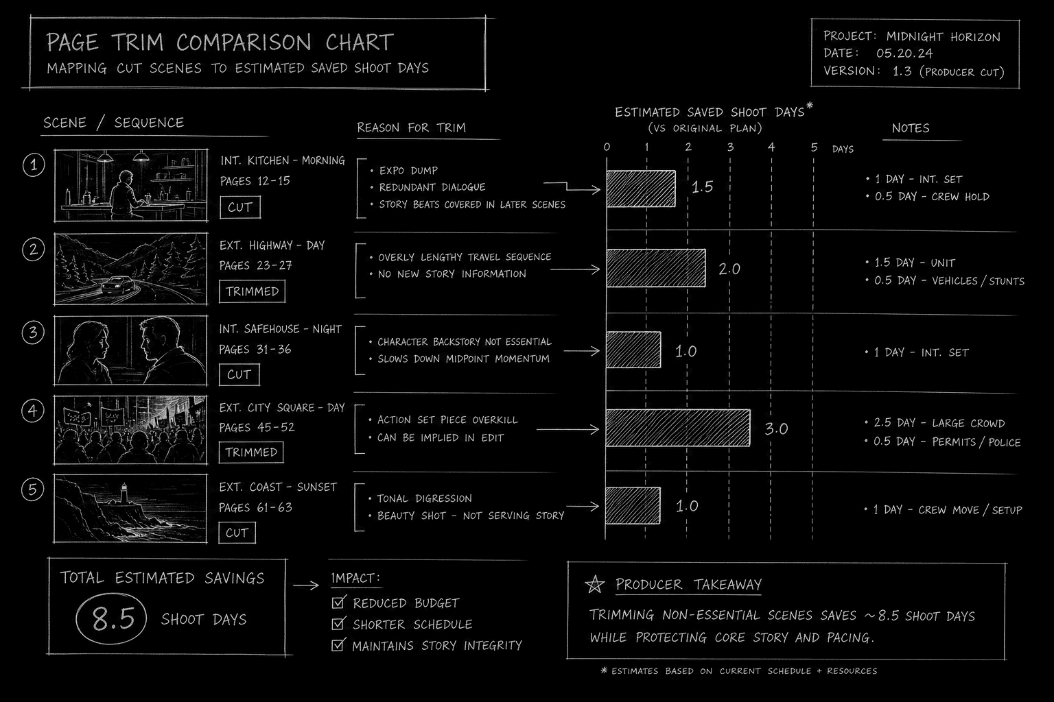 Page trim comparison chart with cut scenes mapped to saved shoot days; dark mode technical sketch