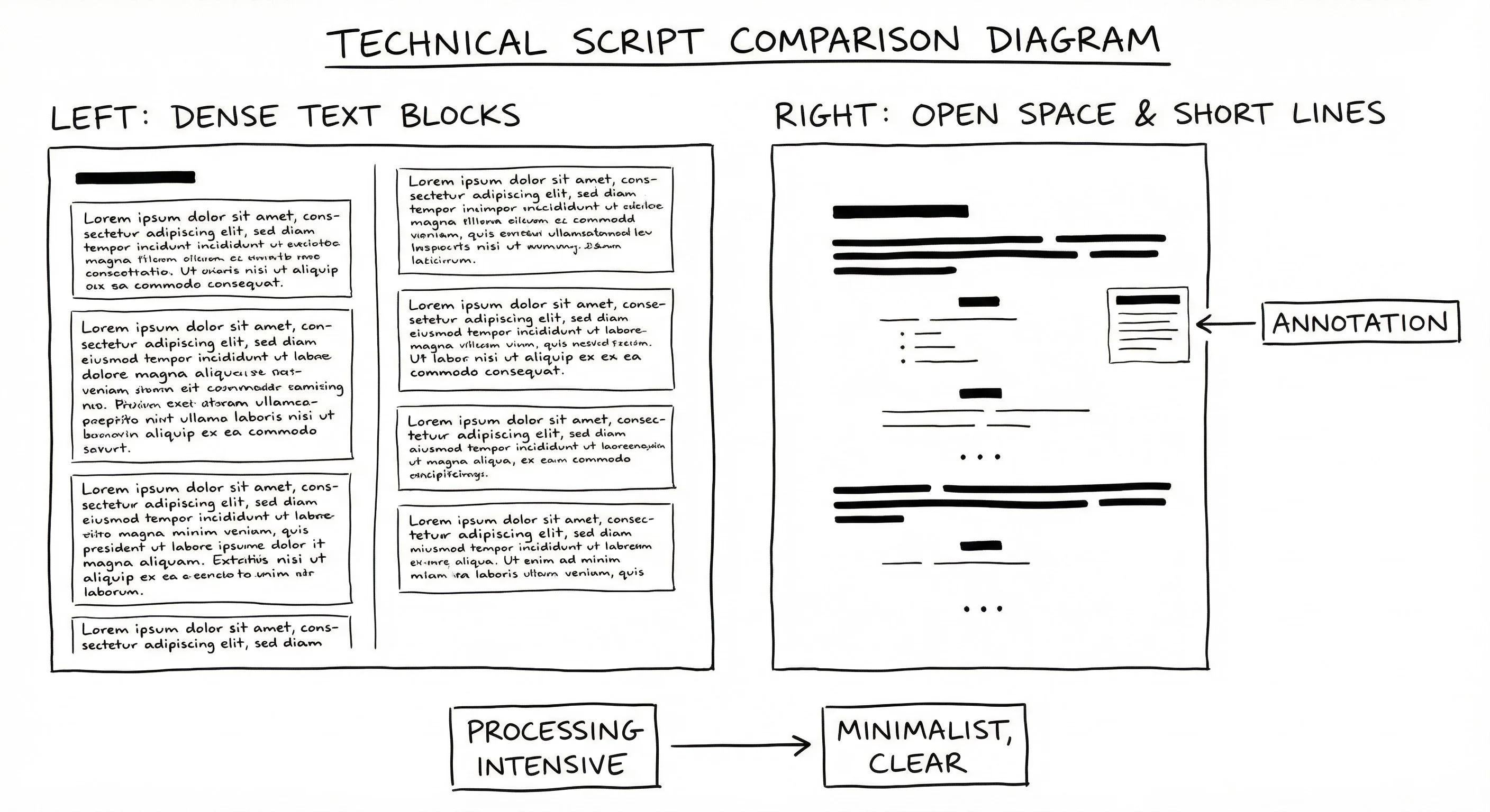 Micro-pacing: script page with dense blocks vs open white space; dark mode technical sketch