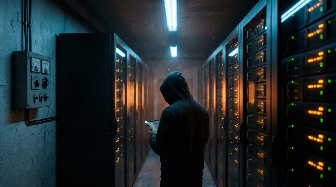 A technician seen from behind in a narrow GPU rack aisle at night, amber and green indicator lights running down two rows of dark server cabinets, an analogue power meter mounted on the bare concrete wall, cinematic still