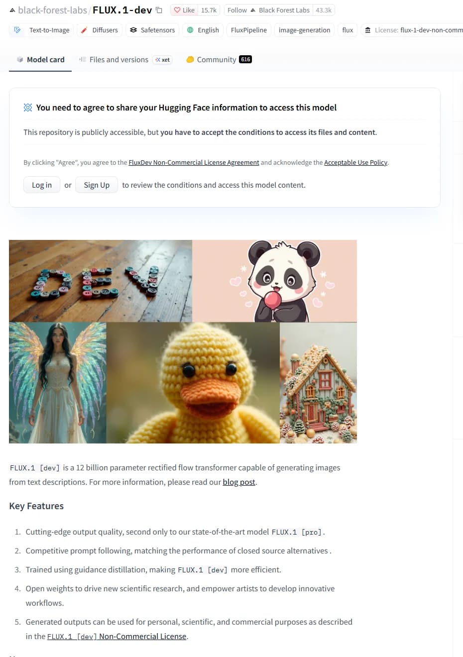Hugging Faceのblack-forest-labs FLUX.1-devのモデルカード。flux-1-dev-non-commercial-licenseというライセンスタグ、ファイルにアクセスする前に条件への同意を求めるゲート、サンプル画像、オープンウェイトを含む主な特徴の一覧(画面は英語)