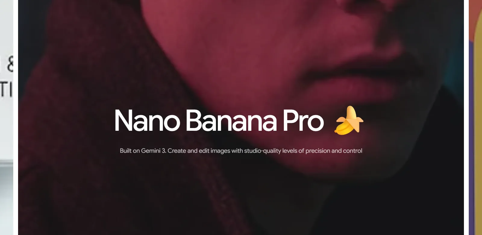 Google DeepMindのNano Banana Pro製品ページ。Nano Banana Proの見出しと、Built on Gemini 3. Create and edit images with studio-quality levels of precision and controlという一文(画面は英語)