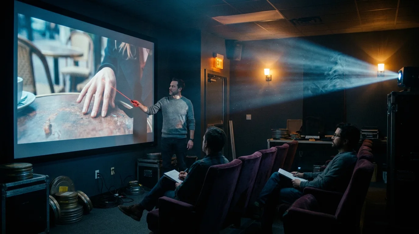 A VFX supervisor in a dark dailies screening room aiming a red laser pointer at the fingers of a hand in a paused frame, two colleagues taking notes behind him, cinematic still