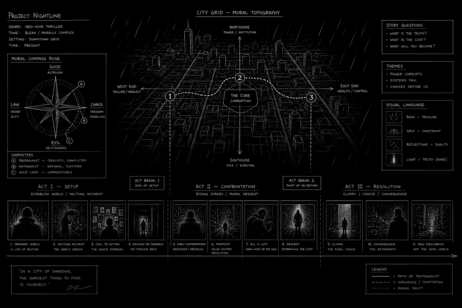 Dark mode technical sketch: neo-noir city grid with moral compass overlay, thin white lines on solid black