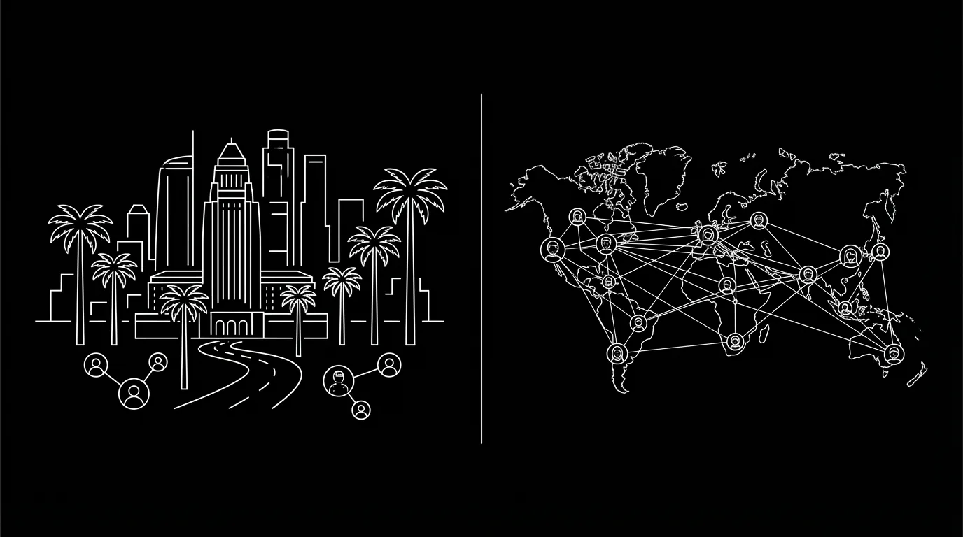 LA vs globe, remote; dark mode technical sketch