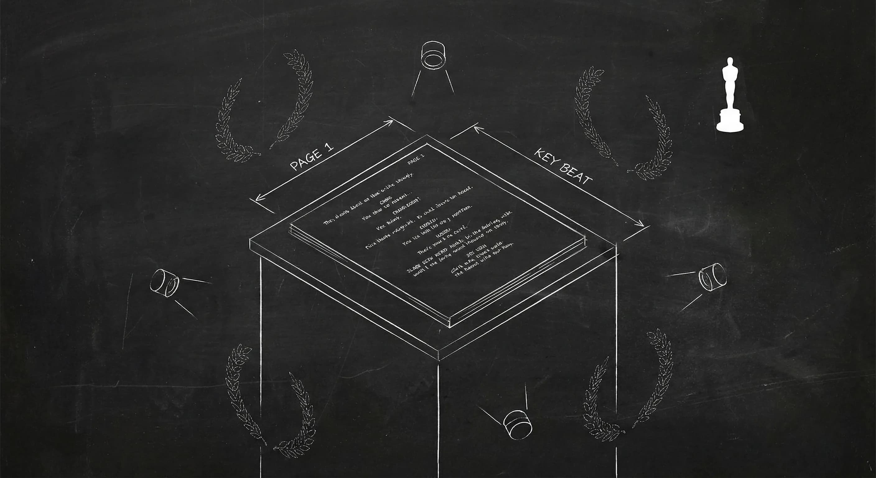 Nicholl script on pedestal with Academy recognition; dark mode technical sketch
