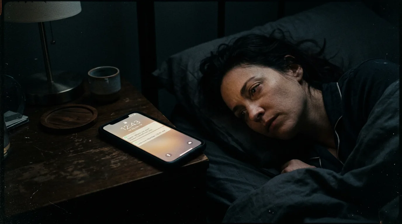 Cinematic 35mm film still: smartphone glow in a dark bedroom