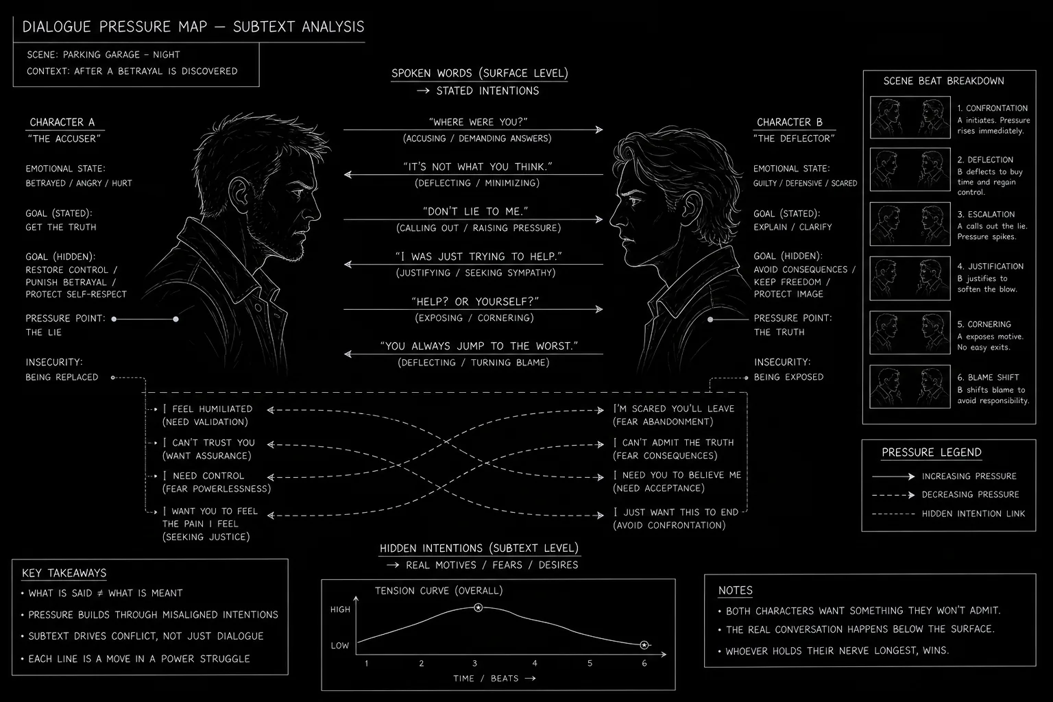 Dialogue pressure map showing stated text vs hidden intention per character; dark mode technical sketch