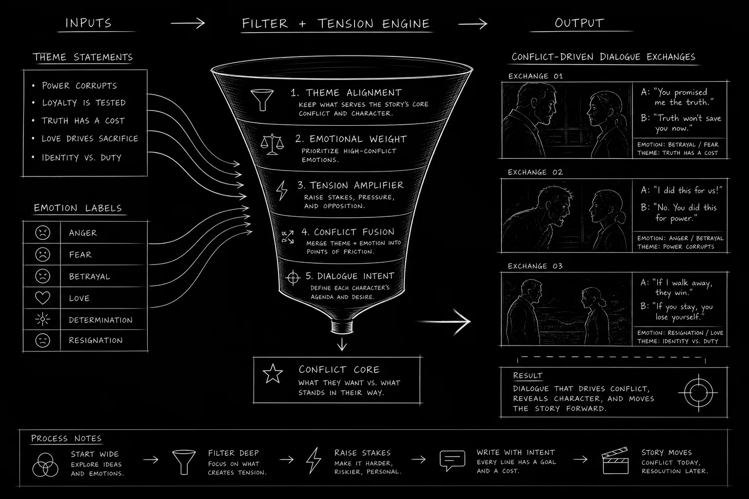 Scene rewrite funnel filtering theme statements into conflict-driven exchanges; dark mode technical sketch
