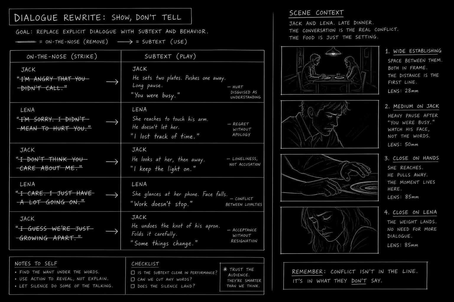 Dark mode technical sketch: dialogue rewrite with on-the-nose lines struck through, thin white lines on black