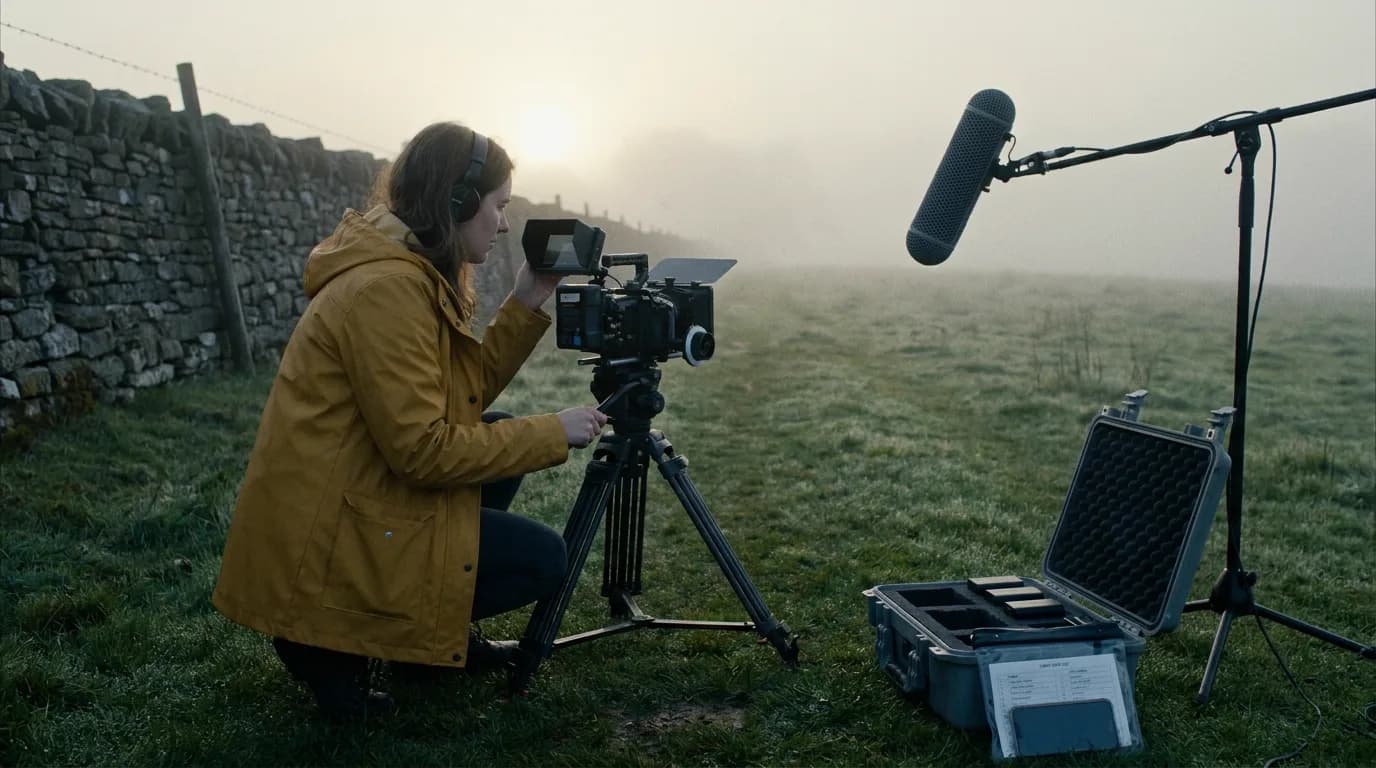 A filmmaker in a mustard-yellow raincoat and headphones crouches behind a small cinema camera on a tripod in a misty upland pasture beside a dry-stone wall, a boom microphone clamped to a light stand points at an empty patch of grass, an open hard case with batteries and a shot list sits on the wet grass, cinematic still