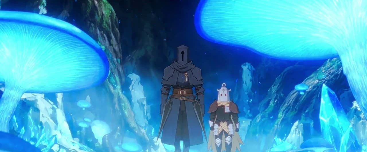 A frame from Lost Garden episode 2: a tall armoured knight with a keyhole in his helmet stands beside a smaller knight with a white lantern-shaped head, in a dark cave lit by giant glowing blue mushrooms and pale crystals