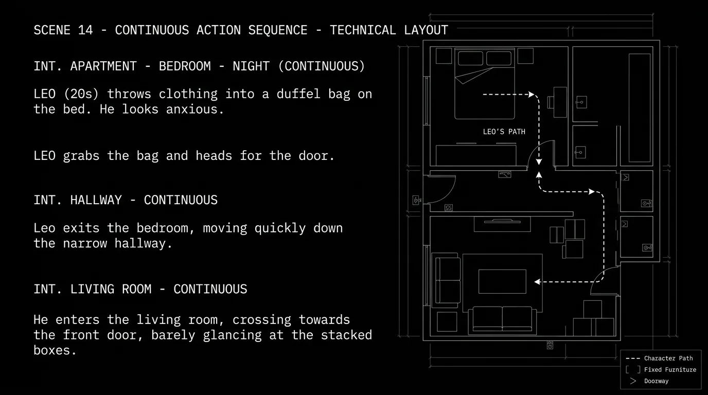 A script excerpt showing continuous action across multiple spaces; dark mode technical sketch, thin white lines on black background