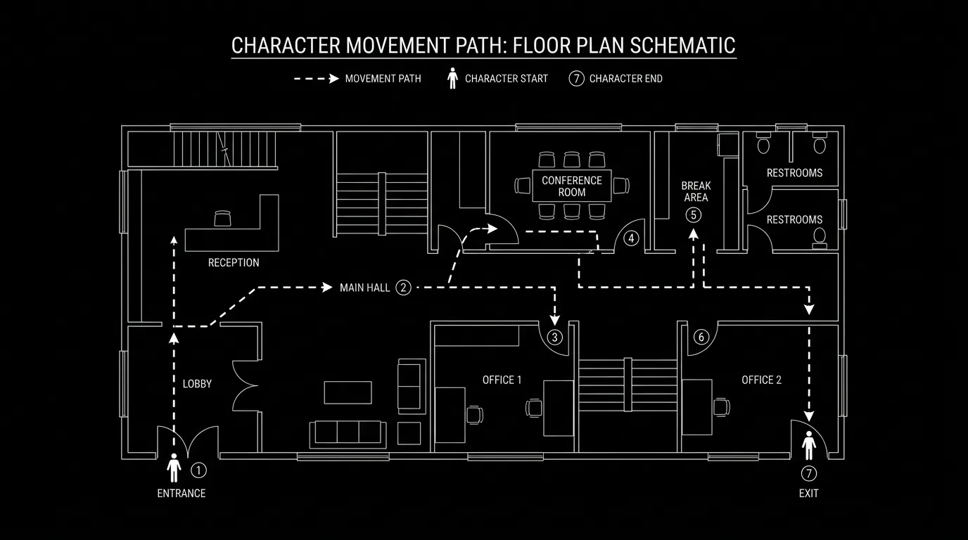 A visual diagram showing character movement path through spaces; dark mode technical sketch, thin white lines on black background