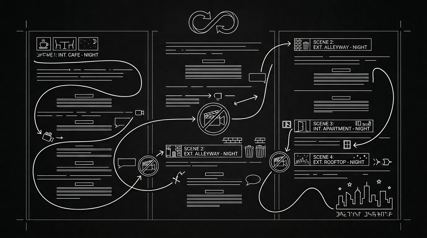 Dark mode technical sketch: script page showing continuous shot with movement cues; thin white lines on black