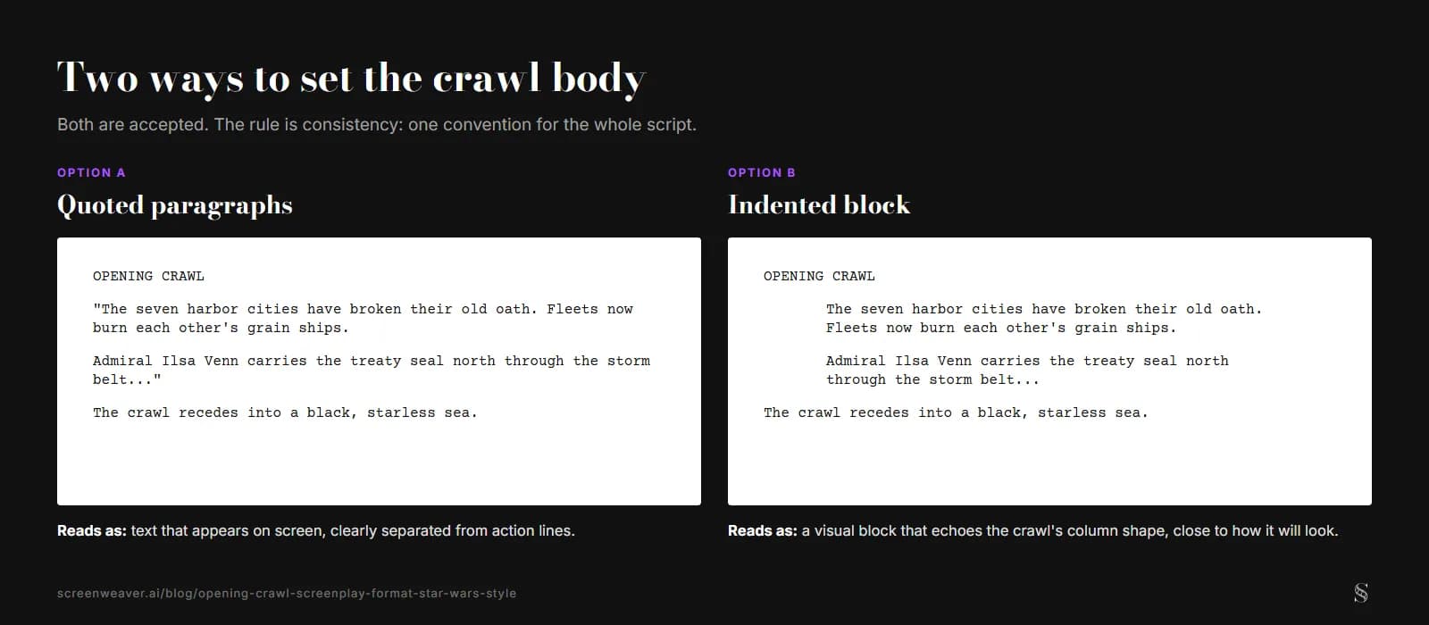 Due pagine di sceneggiatura affiancate con lo stesso testo originale: a sinistra il corpo in paragrafi tra virgolette, a destra in un blocco rientrato, entrambe sotto l'intestazione OPENING CRAWL e con la stessa transizione finale (schema in inglese)