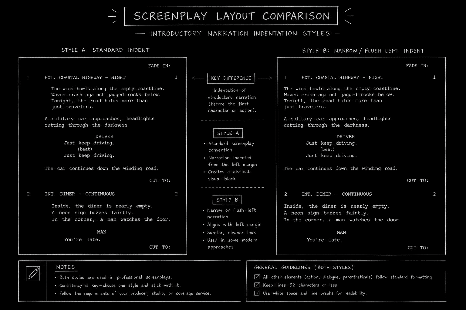 Screenplay formatting comparison of block text vs quoted crawl paragraphs; dark mode technical sketch, thin white lines on black background