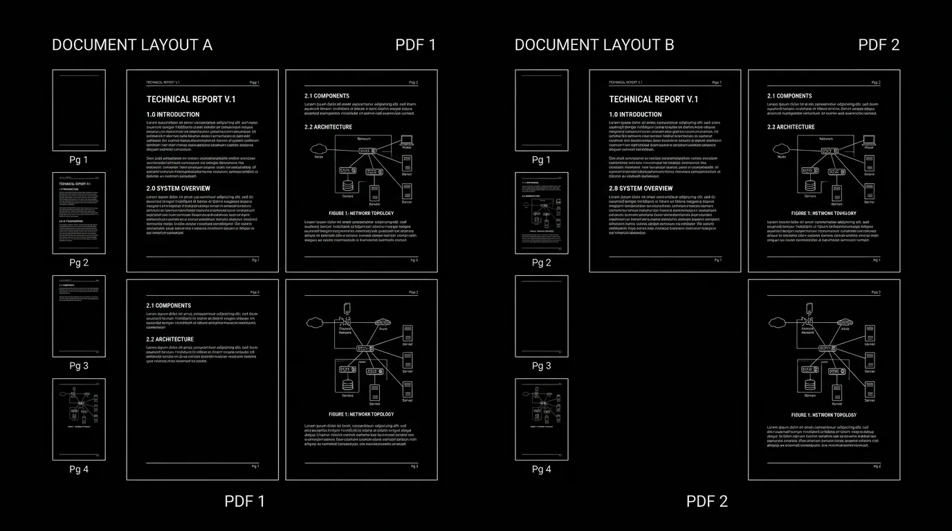 Dark mode technical sketch: two PDFs side by side; same content, different page break
