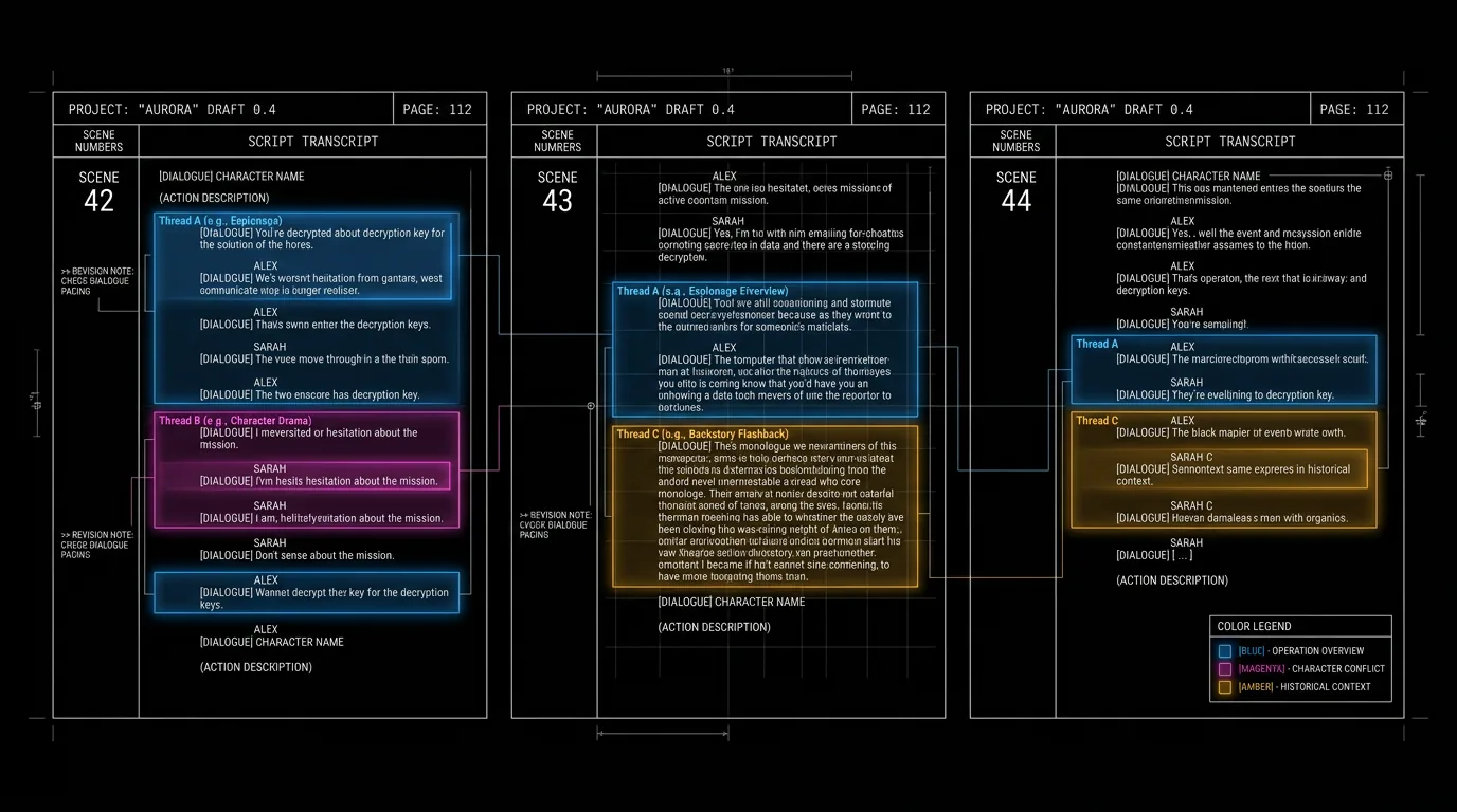 Transcripts with highlighted key moments and scene tags; dark mode technical sketch, thin white lines on black background