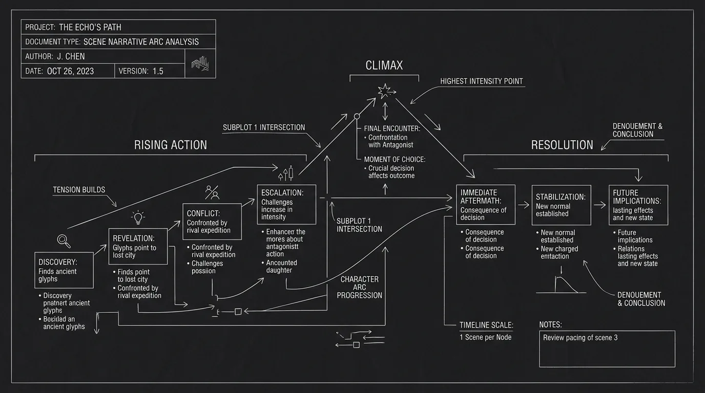 A paper edit document showing scene structure with narrative annotations; dark mode technical sketch, thin white lines on black background