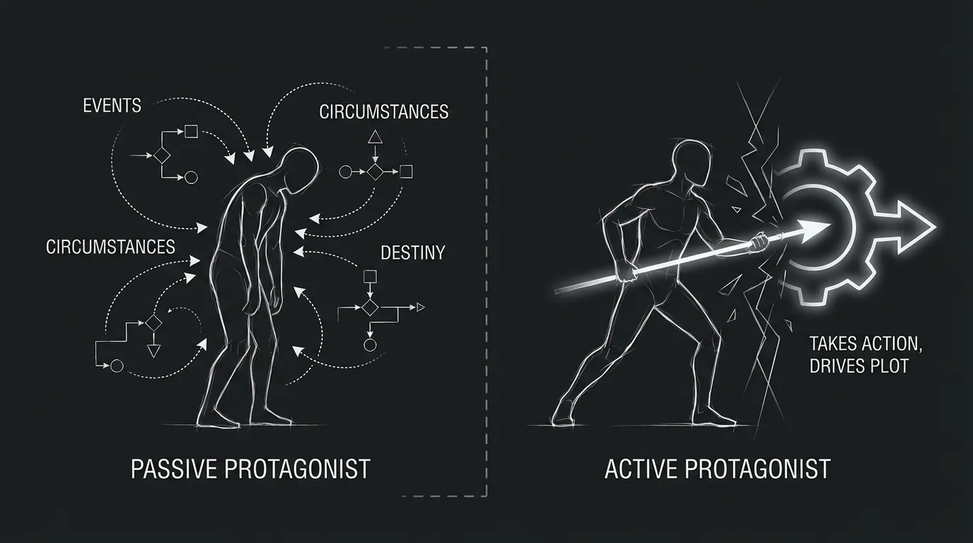Passive vs active protagonist: figure being pushed by events vs figure driving forward; black background, thin white lines; dark mode technical sketch