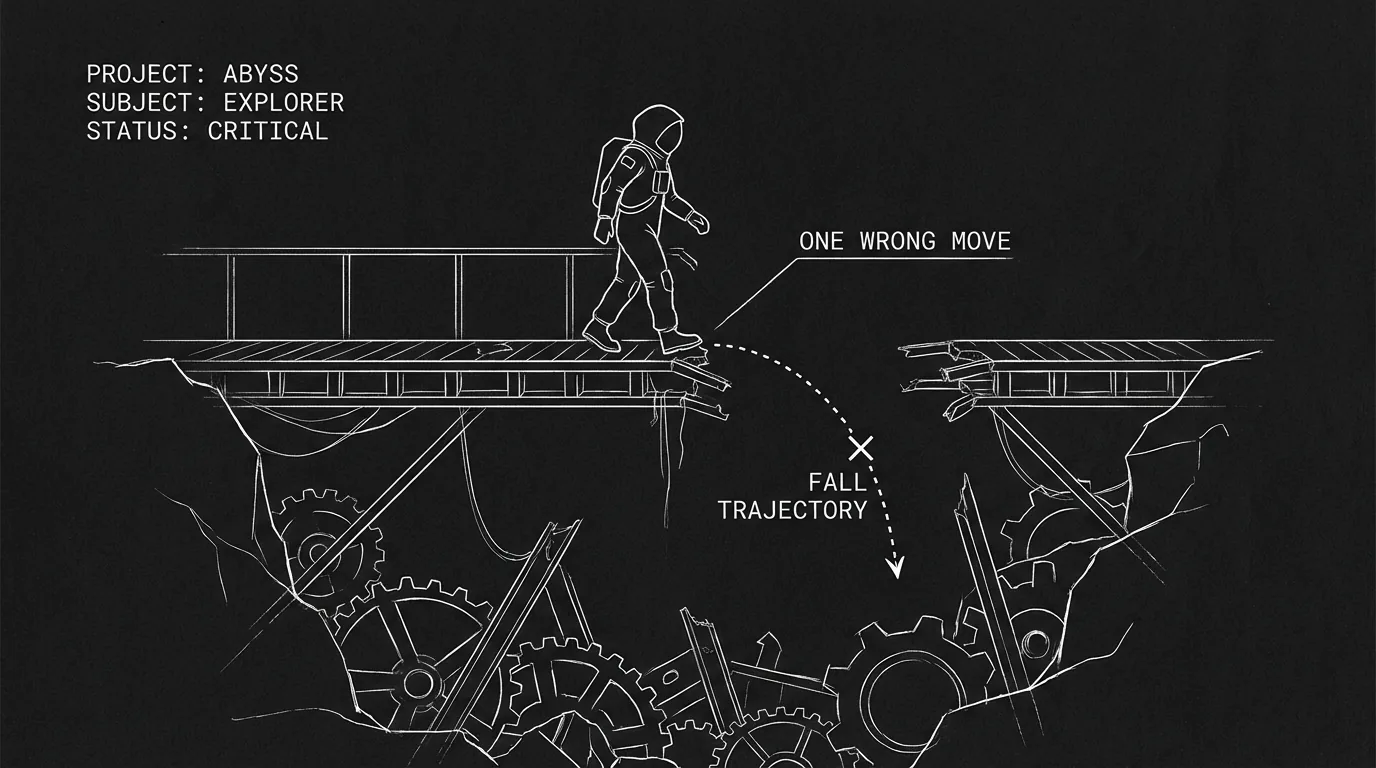 Figure, environment, one wrong move; dark mode technical sketch