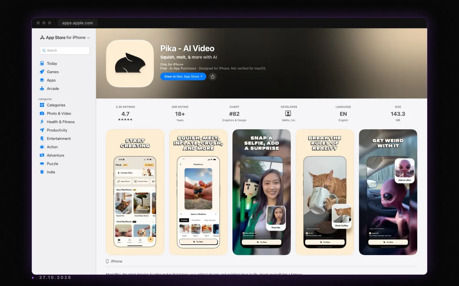 Der Eintrag von Pika im US-App-Store mit Bewertung, Aufnahme vom 27. Oktober 2026