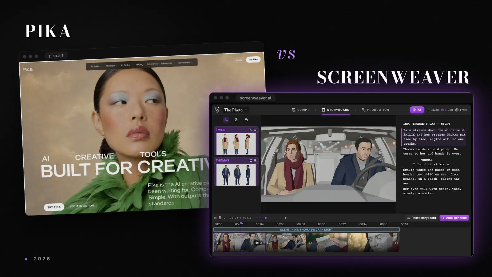 Die Website von Pika neben dem Storyboard-Editor von ScreenWeaver, auf dunklem Hintergrund mit violettem Schimmer