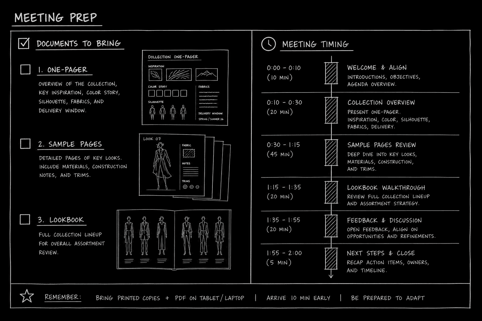 Pitch meeting checklist with documents and timing blocks; dark mode technical sketch, thin white lines on black background