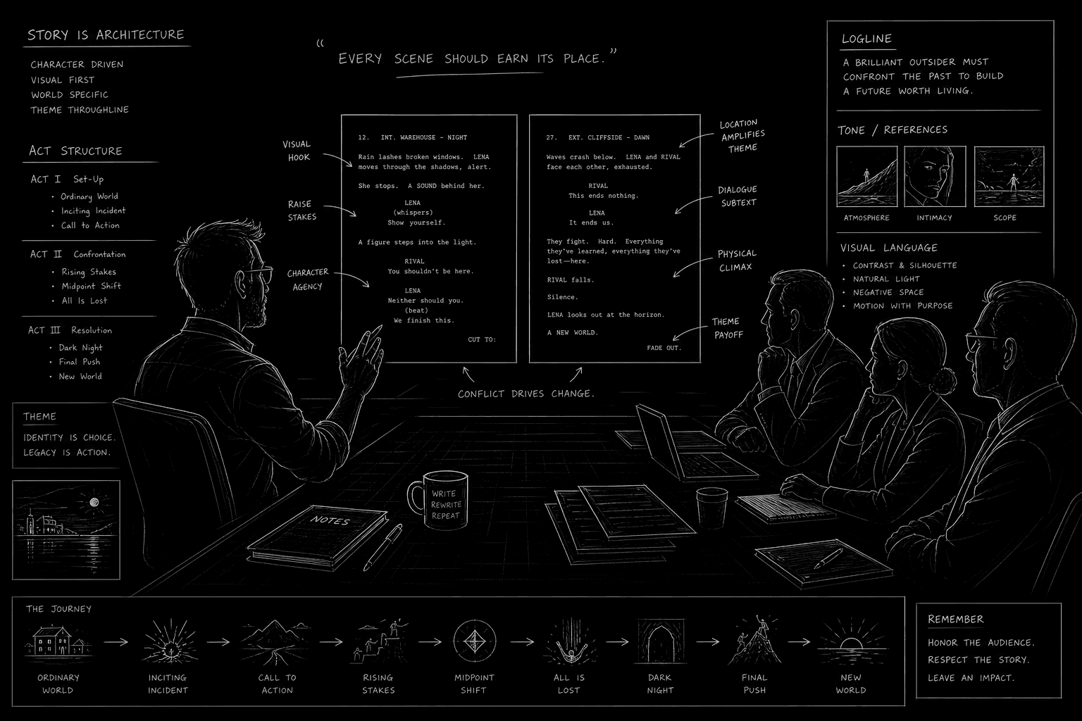 Writer answering questions across conference table with annotated script; dark mode technical sketch, thin white lines on black background