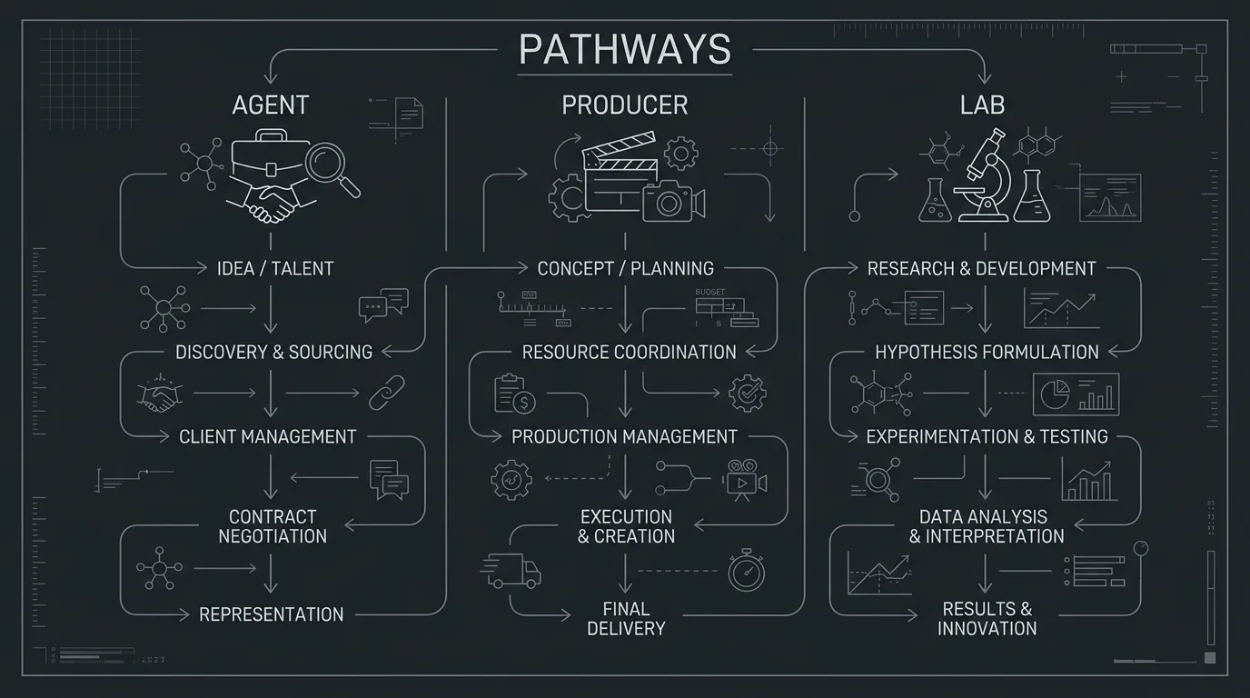 Pathways: agent, producer, lab; dark mode technical sketch