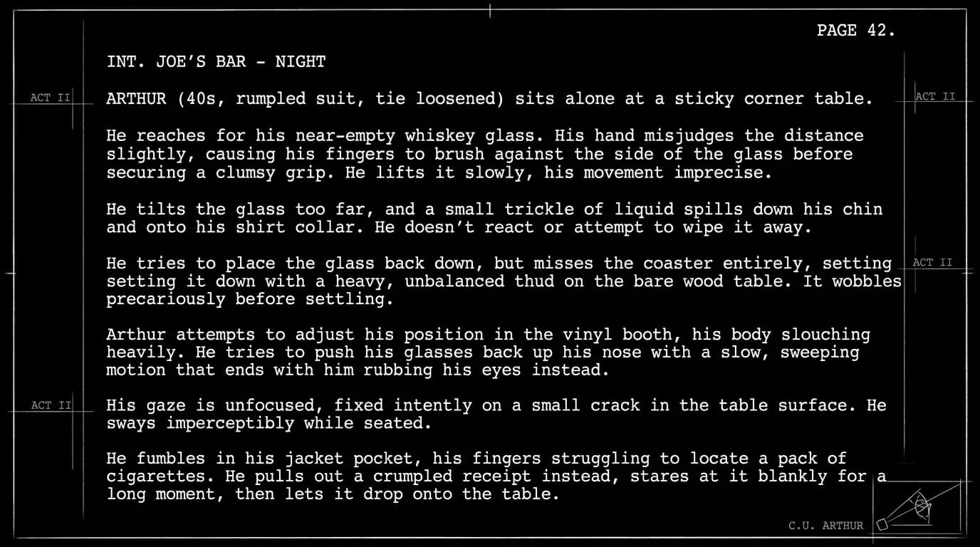 A script page showing subtle drunk behavior through action lines; dark mode technical sketch, thin white lines on black background