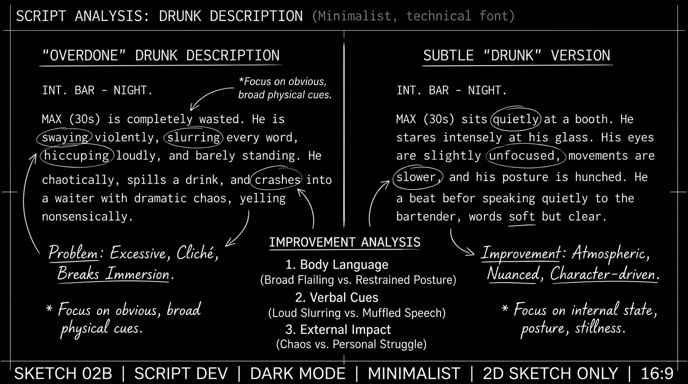A comparison showing overdone vs subtle drunk stage directions; dark mode technical sketch, thin white lines on black background