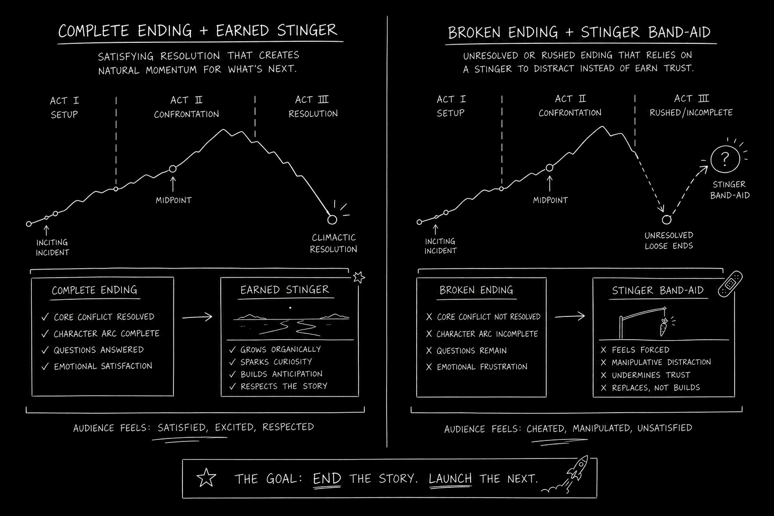Comparison diagram of main ending complete vs incomplete with post-credits fix; dark mode technical sketch, thin white lines on black background