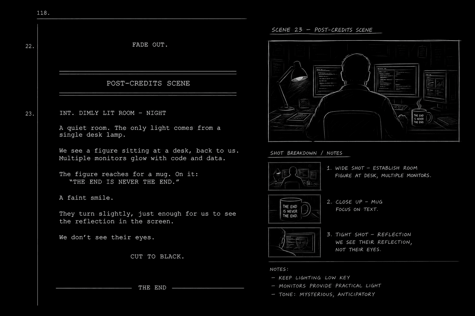 Script page showing FADE OUT then POST-CREDITS SCENE header with short scene; dark mode technical sketch, thin white lines on black background