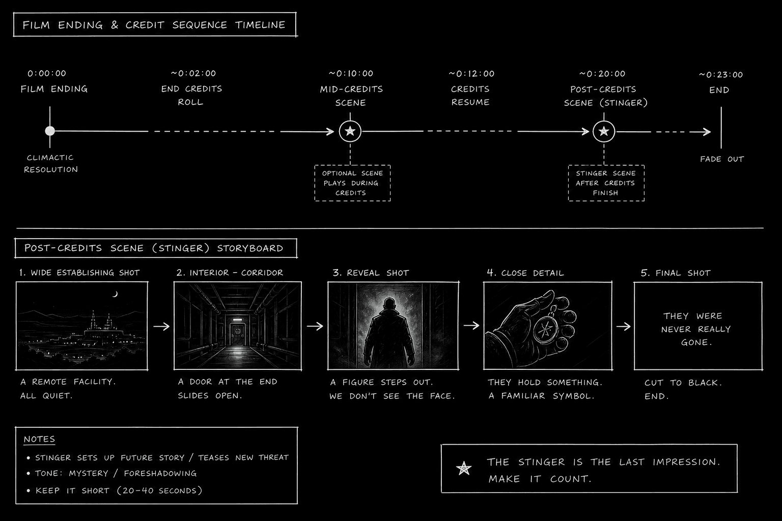 Dark mode technical sketch: post-credits timeline with mid and end markers on script, thin white lines on black