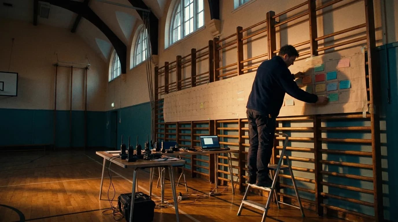 An assistant director in a navy fleece stands on a stepladder in an empty school gymnasium at dusk, pinning coloured cards onto a long paper wall calendar taped across wooden climbing bars, a folding table nearby with a row of walkie-talkies and an open laptop, low sun through arched windows across the wooden floor, cinematic still