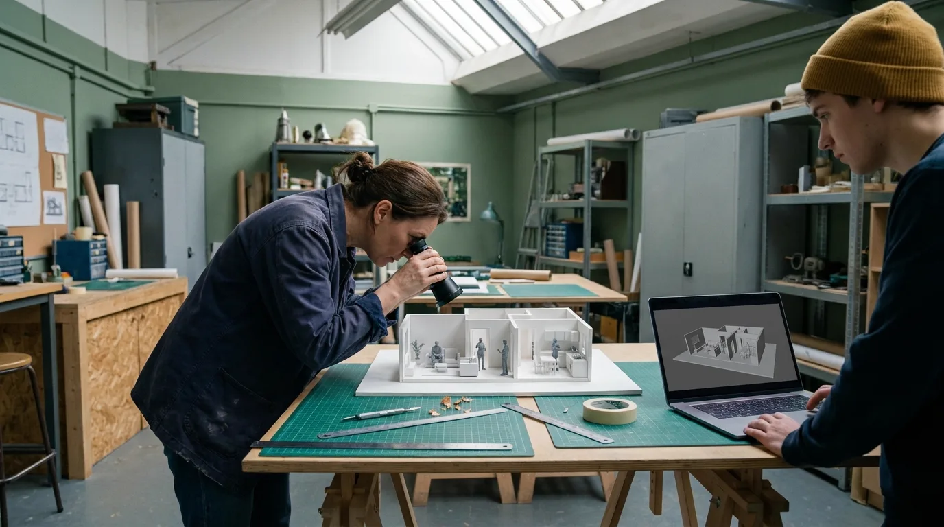 A director in a navy overshirt bends to look through a director's viewfinder at a white foamboard scale model of a small apartment set on a trestle table, while a previs artist in a mustard beanie works at a laptop showing the same apartment as untextured grey 3D figures, in a sage-green art department workshop under a skylight, cinematic still