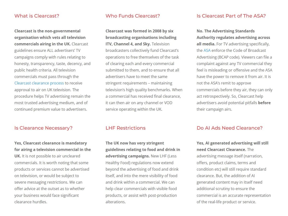 Six-box FAQ from a UK clearance company's page, including the answer that AI-generated advertising still needs Clearcast clearance and that AI content may need extra scrutiny to accurately represent the real product