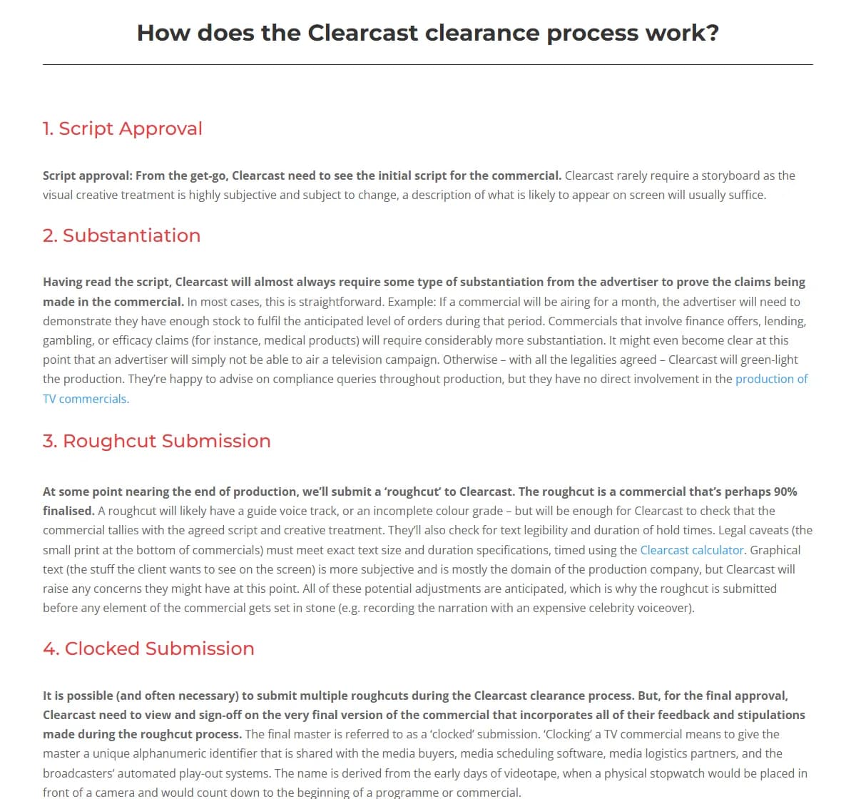 The four-step Clearcast clearance process as described on a UK production company's page: script approval, substantiation, roughcut submission, and clocked submission